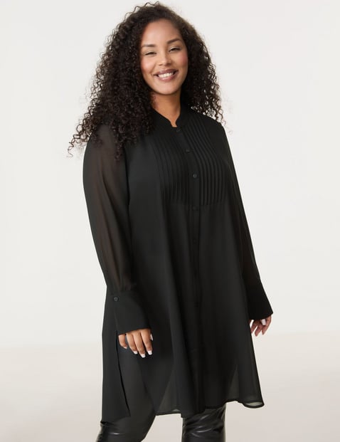 SAMOON Damen Semitransparente Longbluse 100cm Langarm Stehkragen Schwarz von SAMOON