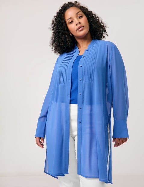 SAMOON Damen Semitransparente Longbluse aus Chiffon 100 cm Stehkragen Langarm unifarben Blau von SAMOON