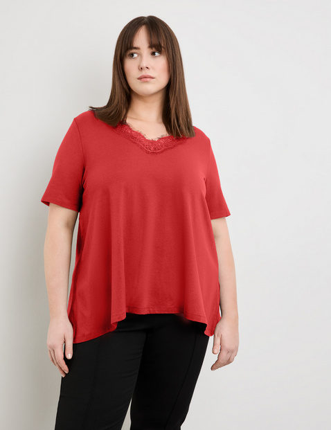 SAMOON Damen Shirt in A-Linie Modal 72 cm V-Ausschnitt Kurzarm unifarben Rot von SAMOON