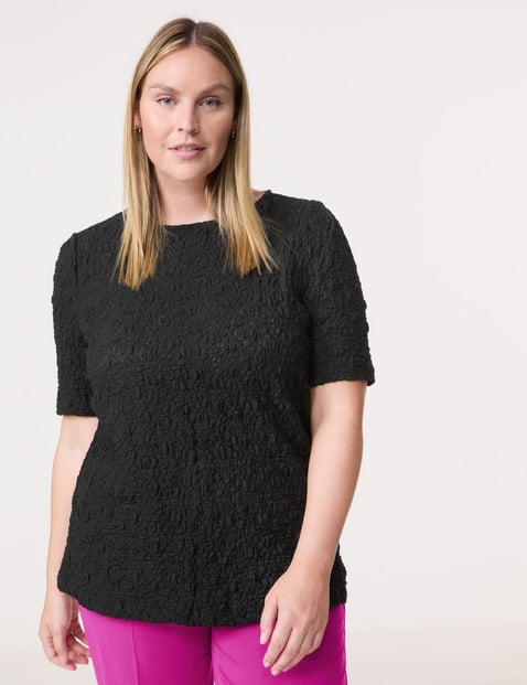 SAMOON Damen Spitzenshirt mit Bubble-Effekt 68cm Halber Arm Rundhals Baumwolle Schwarz von SAMOON