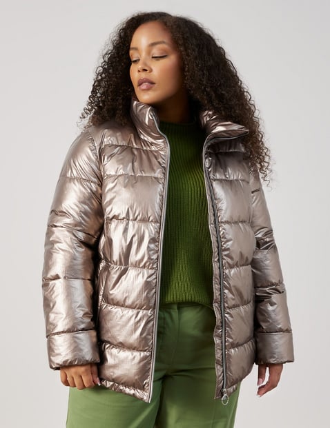 SAMOON Damen Steppjacke mit Metallic-Optik 70cm Langarm Stehkragen Polyamid Reißverschluss Braun von SAMOON