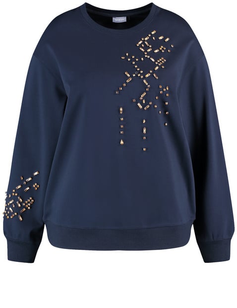 SAMOON Damen Sweatshirt mit Glitzersteinen 66cm Langarm Rundhals Blau von SAMOON