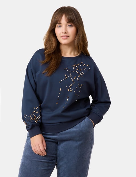 SAMOON Damen Sweatshirt mit Glitzersteinen 66cm Langarm Rundhals Viskose Blau von SAMOON