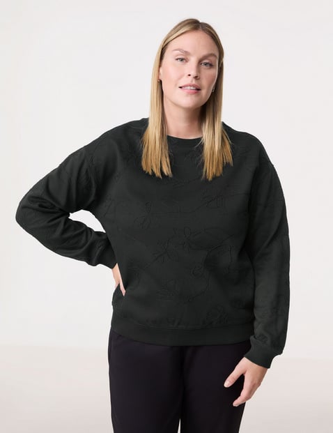 SAMOON Damen Sweatshirt mit Kordelapplikation 64cm Langarm Rundhals Baumwolle Schwarz von SAMOON