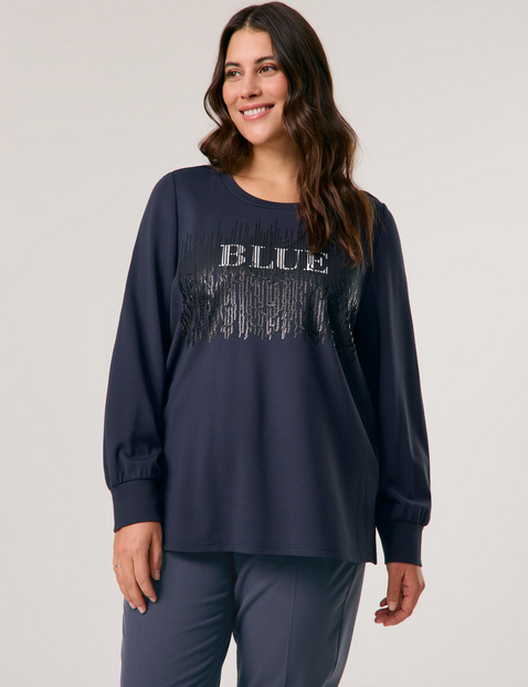 SAMOON Damen Sweatshirt mit verziertem Wording-Print Viskose 68 cm Rundhals Langarm Blau von SAMOON