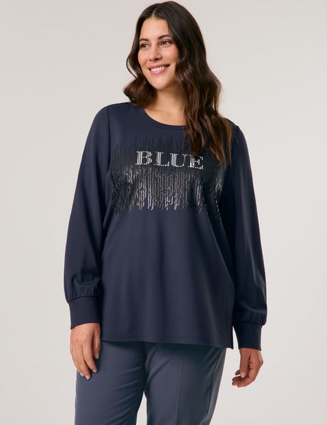 SAMOON Damen Sweatshirt mit verziertem Wording-Print 68cm Langarm Rundhals Viskose, Blau von SAMOON