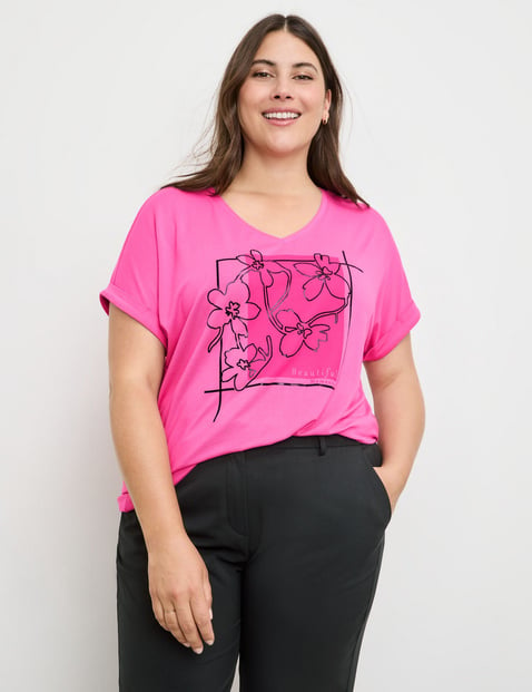 SAMOON Damen T-Shirt mit Frontprint 68cm Kurzarm V-Ausschnitt Viskose Pink von SAMOON