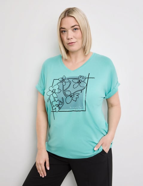 SAMOON Damen T-Shirt mit Frontprint 68cm Kurzarm V-Ausschnitt Viskose Blau von SAMOON