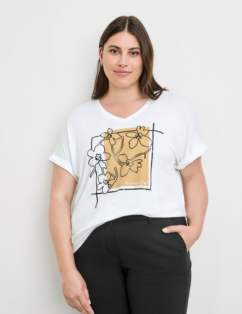 SAMOON Damen T-Shirt mit Frontprint 68cm Kurzarm V-Ausschnitt Viskose Weiss von SAMOON