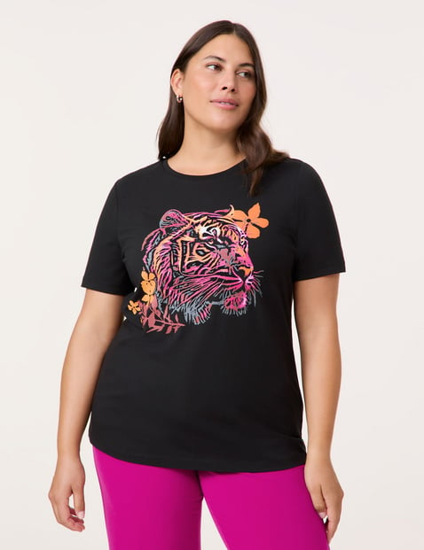 SAMOON Damen T-Shirt mit Tigerkopf 68cm Kurzarm Rundhals Modal Schwarz von SAMOON