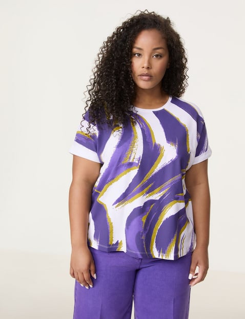 SAMOON Damen T-Shirt mit abstraktem Print 68cm Kurzarm Rundhals Modal Lila gemustert von SAMOON