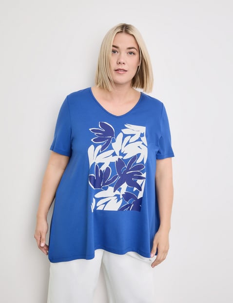 SAMOON Damen T-Shirt mit floralem Frontprint 72cm Kurzarm V-Ausschnitt Viskose Blau von SAMOON