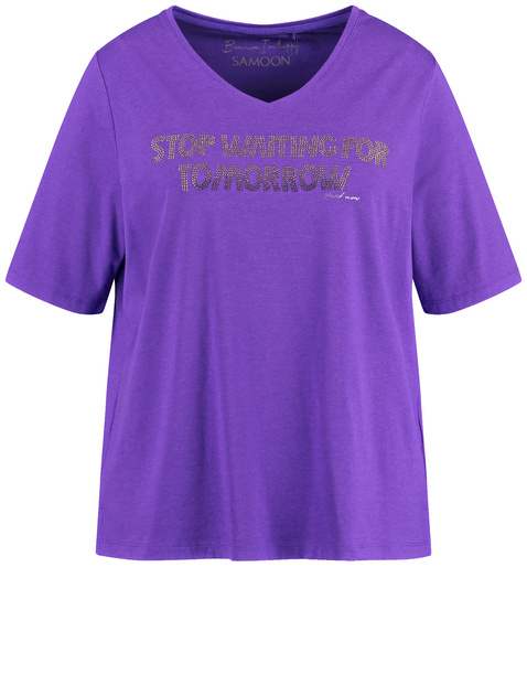 SAMOON Damen T-Shirt mit verziertem Letterprint 68cm Kurzarm V-Ausschnitt Modal Lila von SAMOON