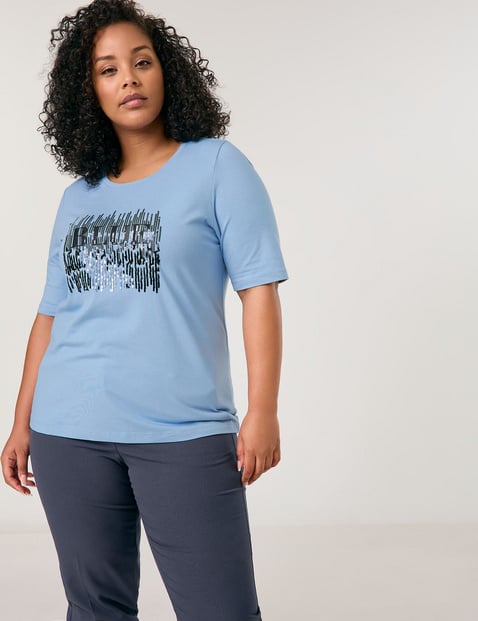 SAMOON Damen T-Shirt mit verziertem Wording-Print Modal 68 cm Rundhals Kurzarm Blau von SAMOON