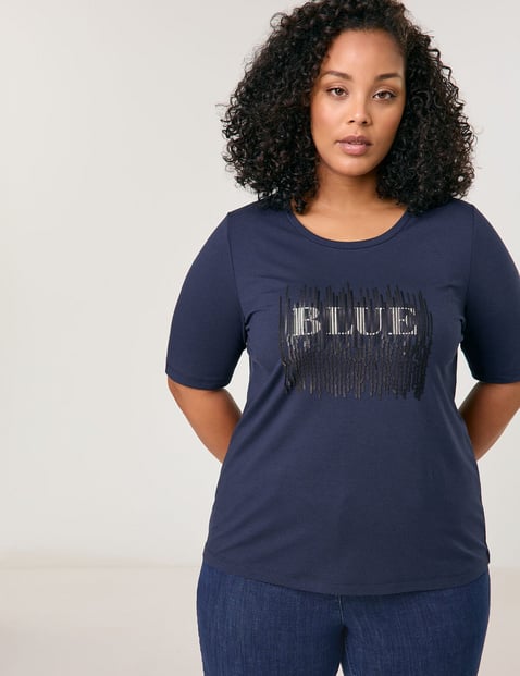 SAMOON Damen T-Shirt mit verziertem Wording-Print Modal 68 cm Rundhals Kurzarm Blau von SAMOON