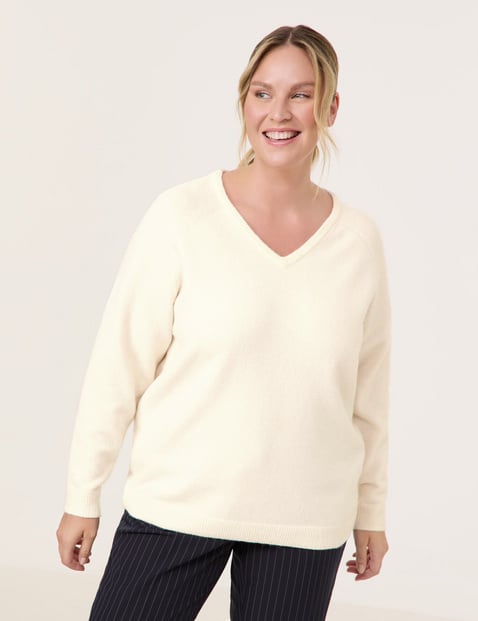 SAMOON Damen Wärmender Basic Pullover mit V-Ausschnitt Langarm Beige von SAMOON