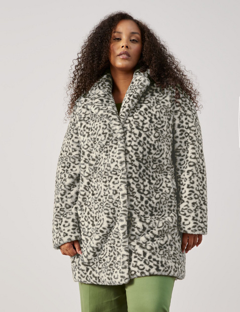 SAMOON Damen Webpelzmantel mit Leo-Dessin 90cm Langarm Revers Verdeckte Druckknopfleiste Schwarz Animal-Print von SAMOON