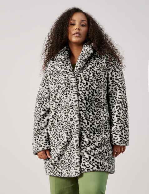 SAMOON Damen Webpelzmantel mit Leo-Dessin 90cm Langarm Revers Verdeckte Druckknopfleiste Schwarz Animal-Print von SAMOON