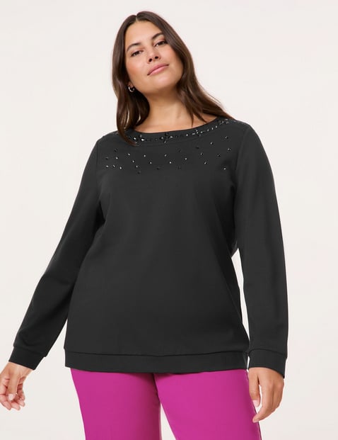 SAMOON Damen Weiches Sweatshirt mit Ziersteinen 68cm Langarm U-Bootausschnitt Viskose Schwarz von SAMOON