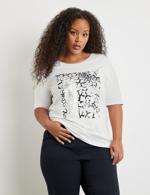 SAMOON Damen Halbarmshirt mit Frontprint 68cm Halber Arm Rundhals Modal Weiss von SAMOON