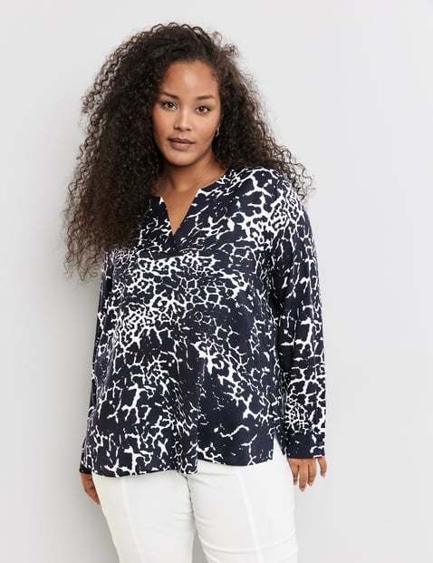 SAMOON Damen Tunika mit Allover-Print 70cm Langarm V-Ausschnitt Viskose Blau Animal-Print von SAMOON