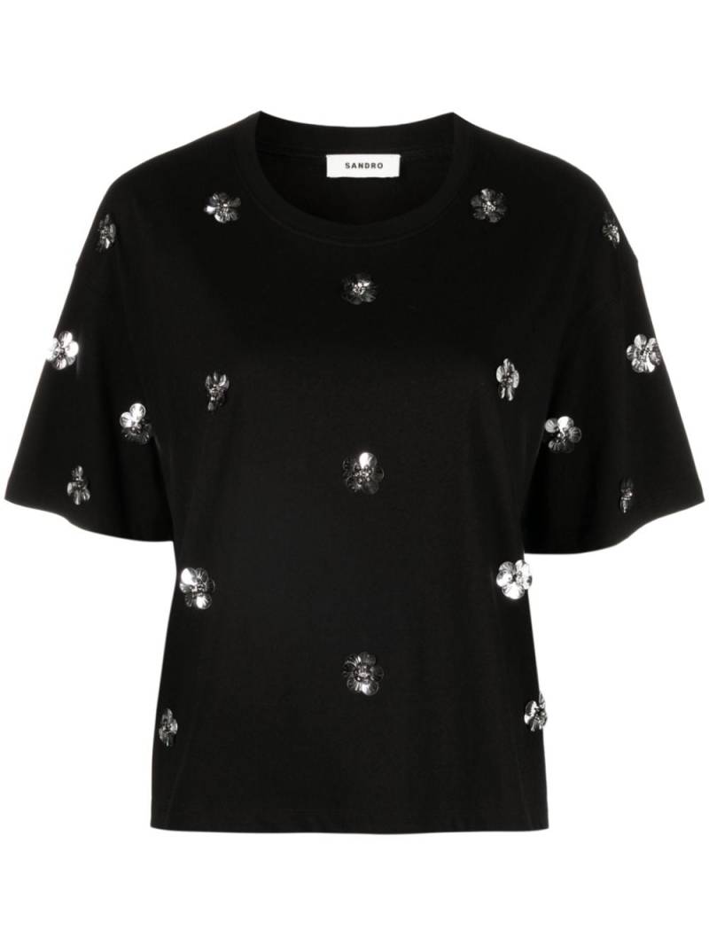 SANDRO floral-embellished cotton T-shirt - Black von SANDRO