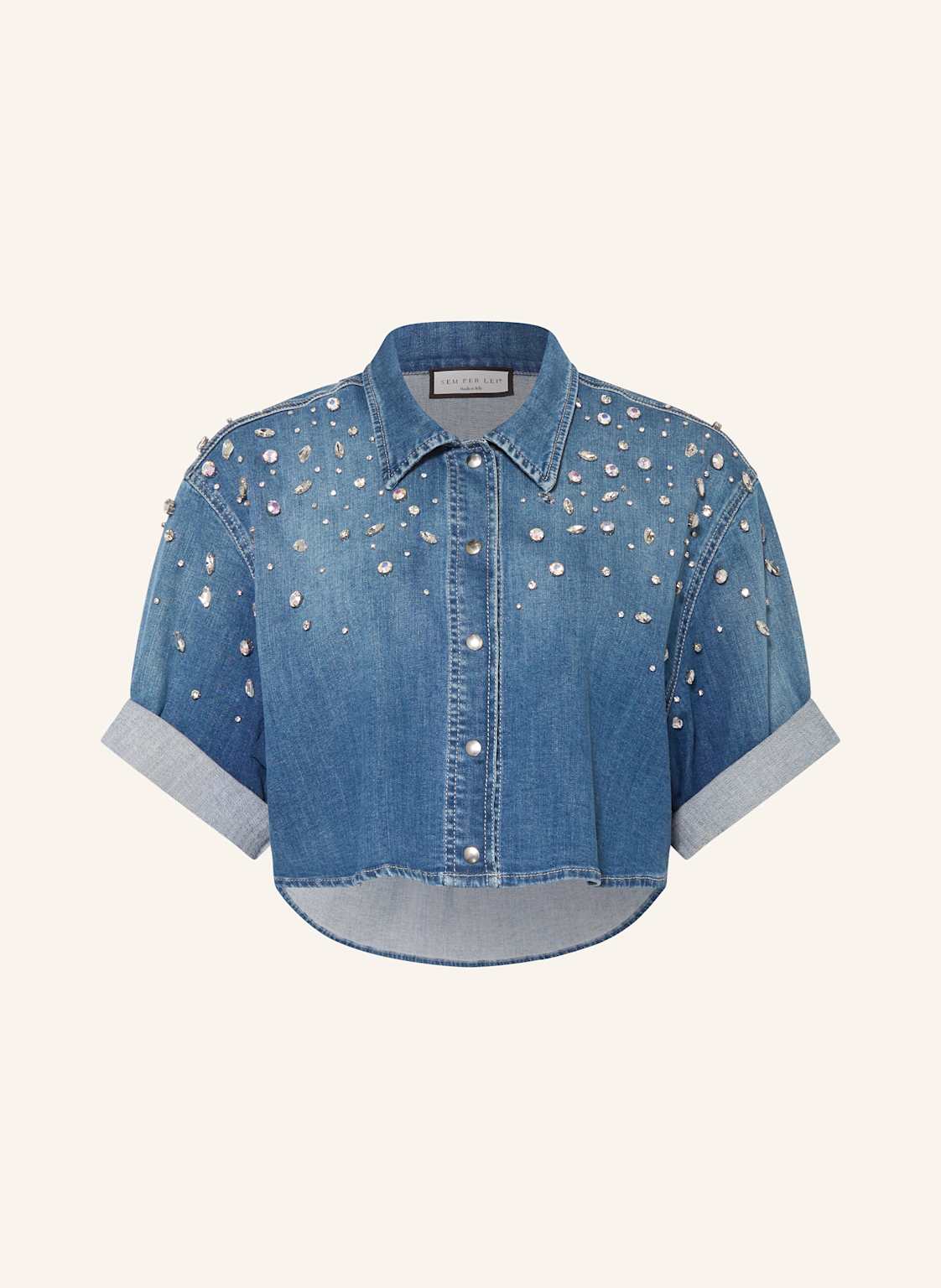 Sem Per Lei Cropped-Jeansbluse Mit Schmucksteinen blau Sem Per Lei Cropped-Jeansbluse Mit Schmucksteinen blau von SEM PER LEI