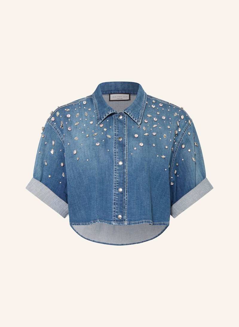 Sem Per Lei Cropped-Jeansbluse Mit Schmucksteinen blau von SEM PER LEI