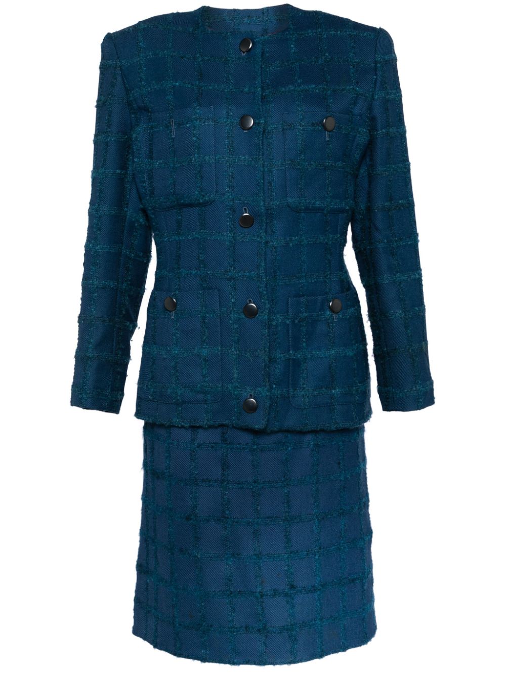 Saint Laurent Pre-Owned 1990-2000 checkered collarless skirt suit - Blue von Saint Laurent Pre-Owned