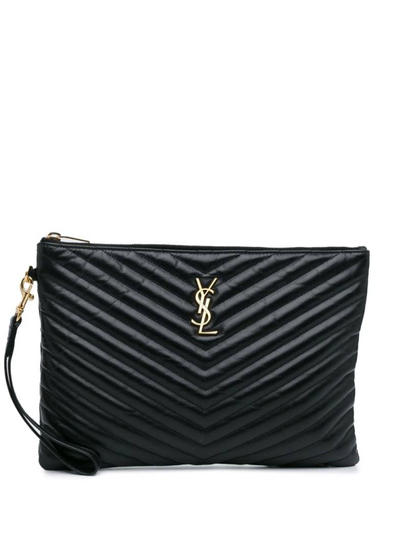 Saint Laurent Pre-Owned 2020 Calfskin Matelasse Chevron Monogram Zip A4 Pouch clutch bag - Black von Saint Laurent Pre-Owned