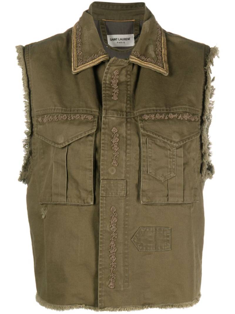 Saint Laurent Pre-Owned embroidered-detail frayed gilet - Green von Saint Laurent Pre-Owned