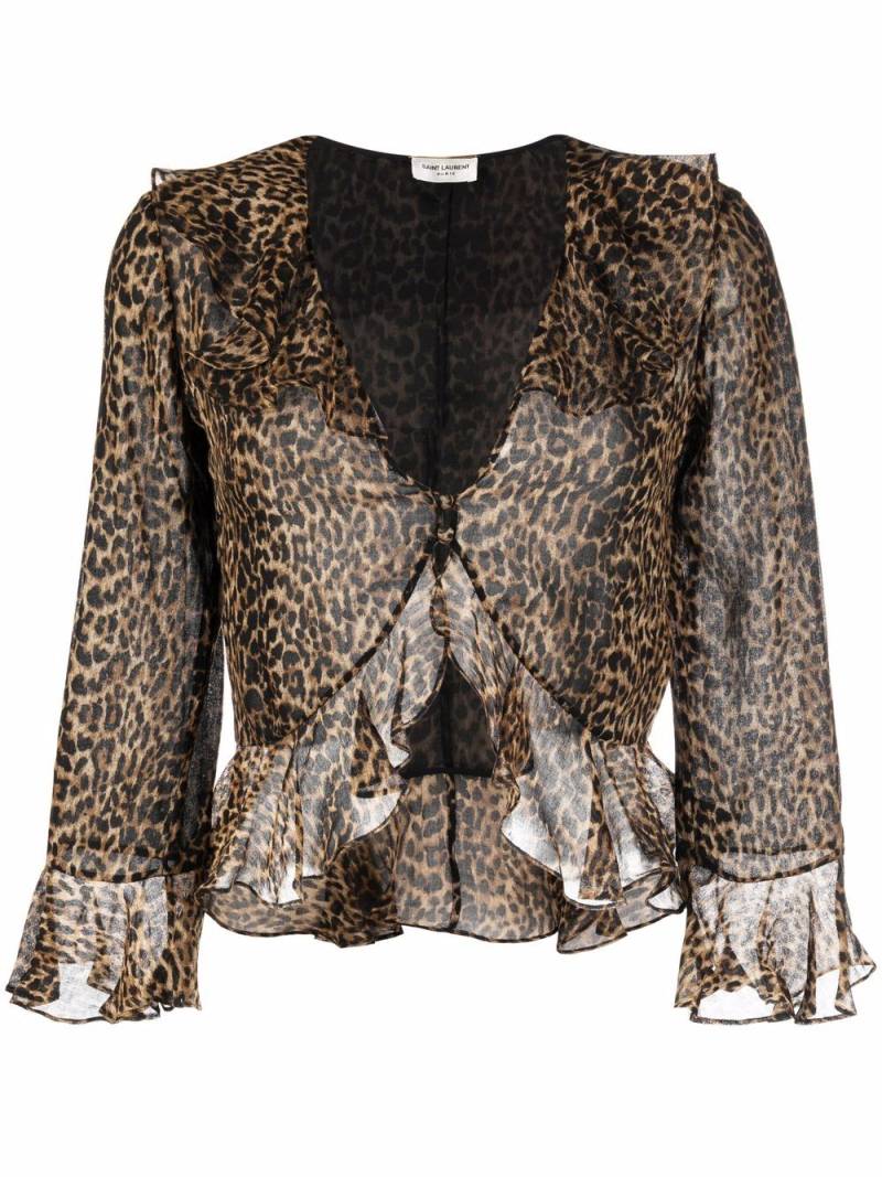 Saint Laurent leopard print ruffled blouse - Brown von Saint Laurent