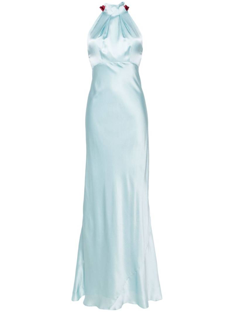 Saloni pleated-neck seersucker gown - Blue von Saloni