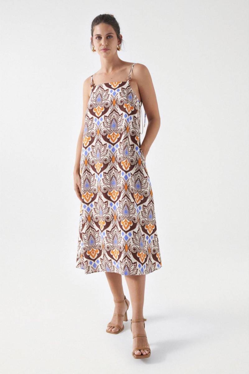 Kleider Printed Linen Midi Dress Damen Écru XS von Salsa