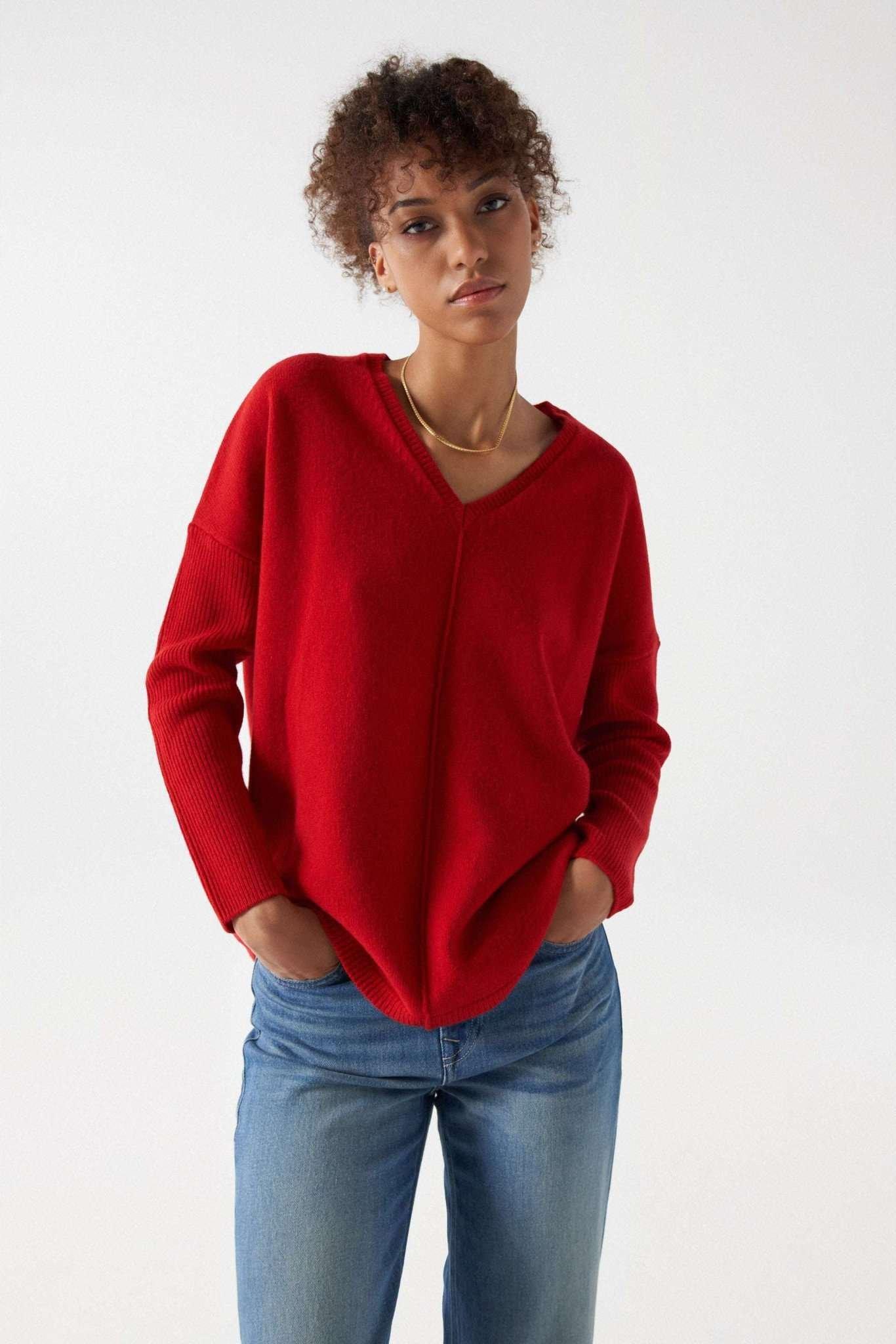 Pullover V Neck Ribbed Knit Sweater Damen Rot Bunt M von Salsa