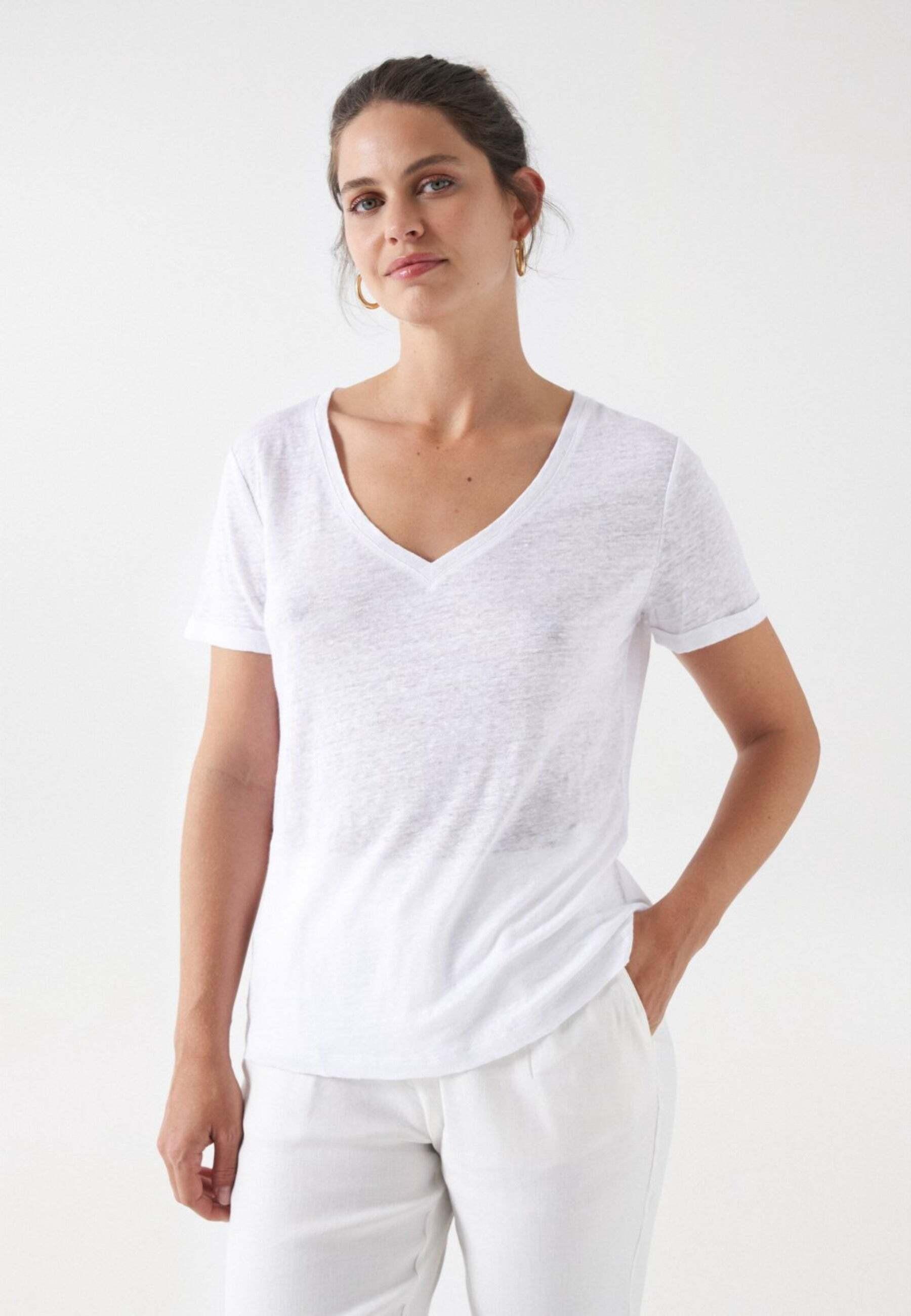 T-shirts Linen V-neck T-shirt Damen Weiss XL von Salsa