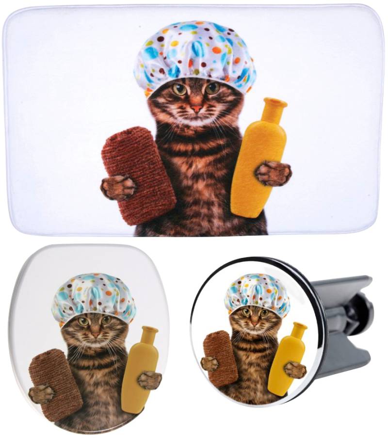 Sanilo Badaccessoire-Set »Shower Cat«, (3 tlg.), bestehend aus WC-Sitz, Badteppich und Waschbeckenstöpsel von Sanilo