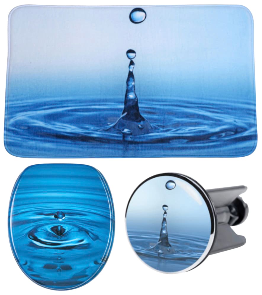 Sanilo Badaccessoire-Set »Wassertropfen«, (Komplett-Set, 3 tlg.), bestehend aus WC-Sitz, Badteppich und Waschbeckenstöpsel von Sanilo