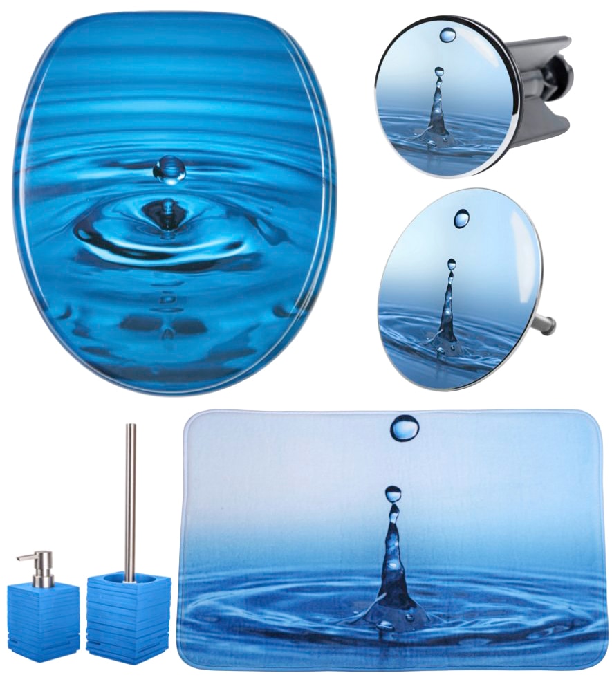 Sanilo Badaccessoire-Set »Wassertropfen«, (Komplett-Set, 6 tlg.), bestehend aus WC-Sitz, Badteppich, Stöpsel, Seifenspender, WC-Bürste von Sanilo