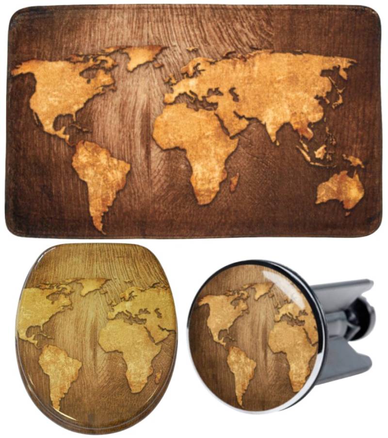 Sanilo Badaccessoire-Set »World Map«, (Komplett-Set, 3 tlg.), bestehend aus WC-Sitz, Badteppich und Waschbeckenstöpsel von Sanilo