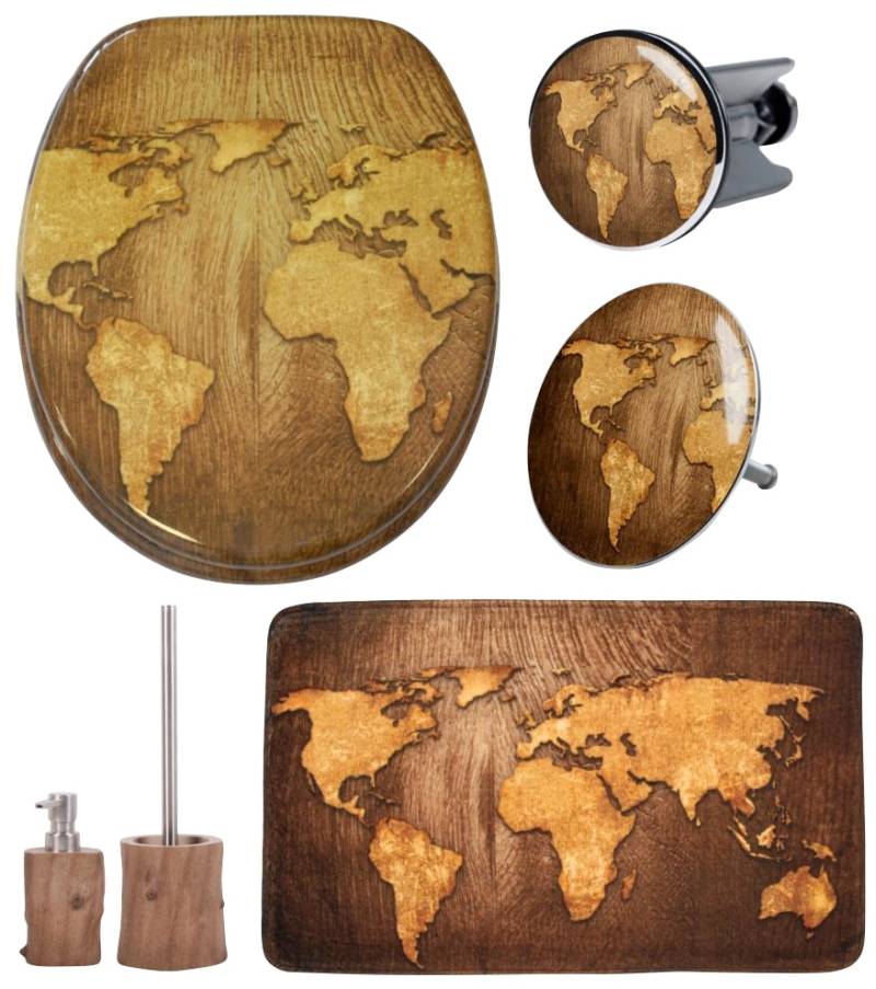 Sanilo Badaccessoire-Set »World Map«, (Komplett-Set, 6 tlg.), bestehend aus WC-Sitz, Badteppich, Stöpsel, Seifenspender, WC-Bürste von Sanilo