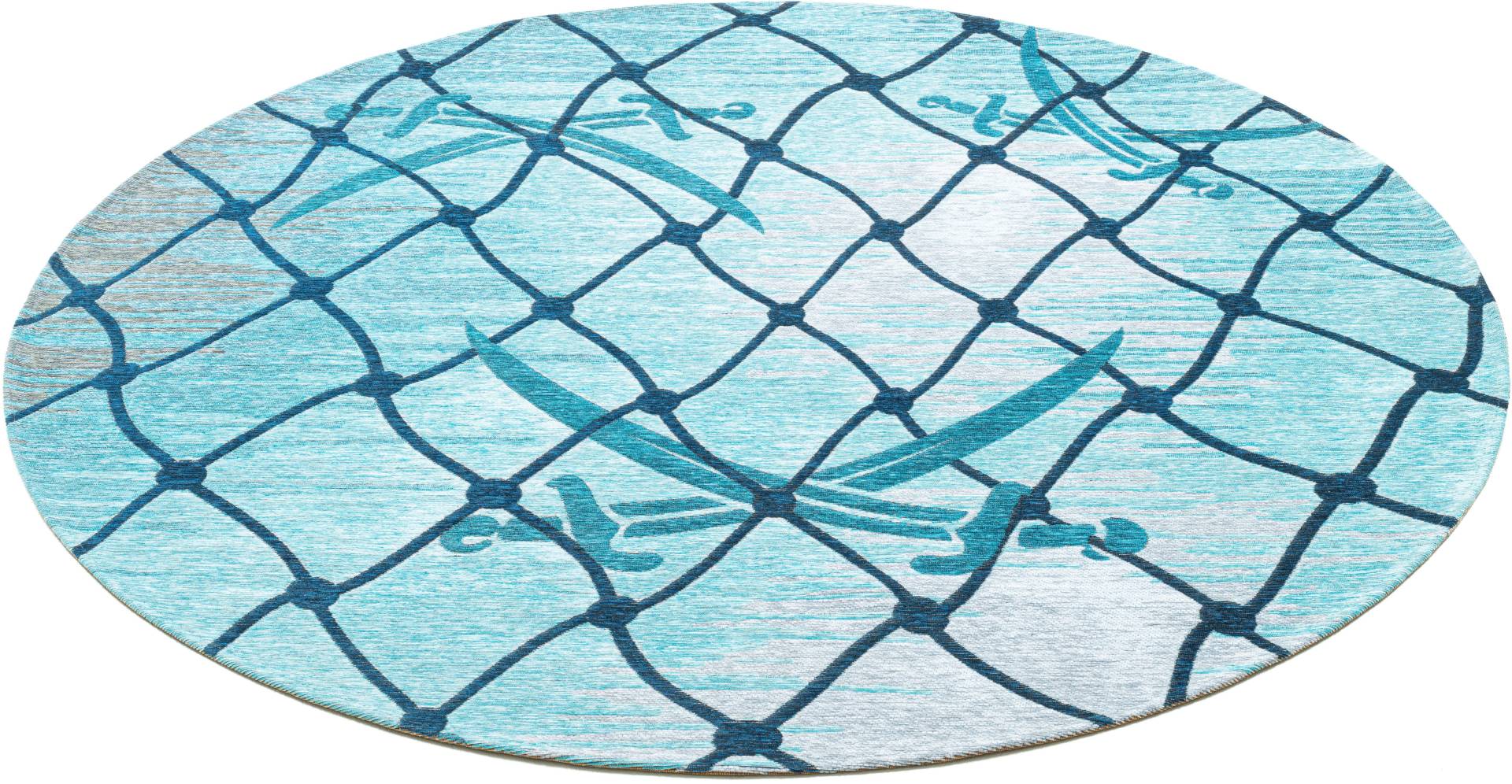 Sansibar Teppich »Keitum 005«, rund, Flachgewebe, modernes Design, Motiv Fischernetz & gekreuzte Säbel von Sansibar