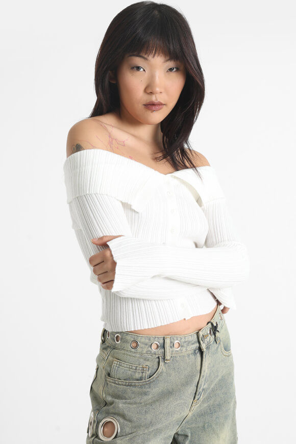 Savage Honey Gerippter Crop Off Shoulder Strickpullover | Offwhite | Damen  | XS von Savage Honey