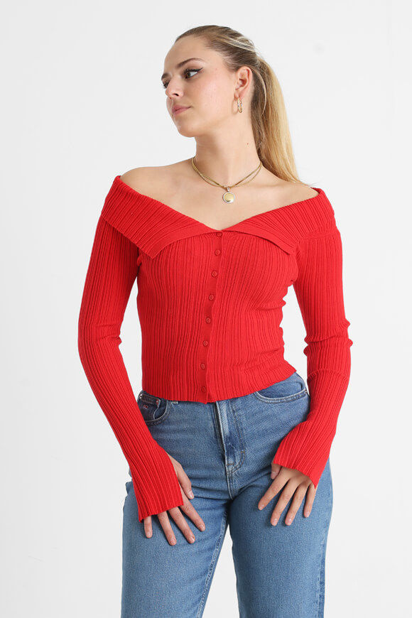 Savage Honey Gerippter Crop Off Shoulder Strickpullover | Rot | Damen  | XS von Savage Honey