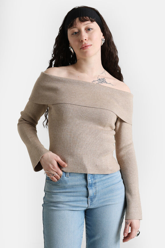 Savage Honey Gerippter Off Shoulder Strickpullover | Beige meliert | Damen | XXS Savage Honey Gerippter Off Shoulder Strickpullover | Beige meliert | Damen | XXS von Savage Honey