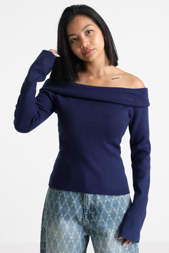 Savage Honey Gerippter Off Shoulder Strickpullover | Marineblau | Damen | M Savage Honey Gerippter Off Shoulder Strickpullover | Marineblau | Damen | M von Savage Honey