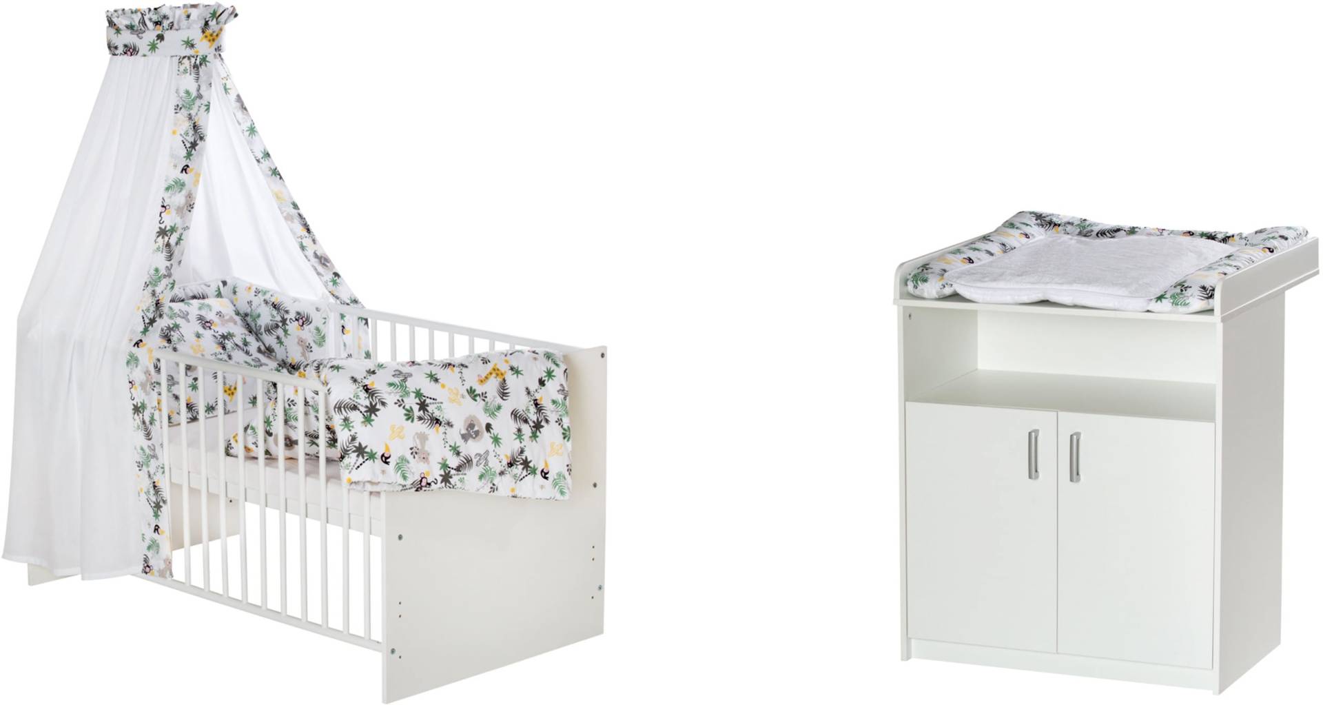 Schardt Babymöbel-Set »Sienna White II«, (Spar-Set, 2 tlg., Kinderbett, Wickelkommode), Kinderbett mit textiler Ausstattung und Wickelkommode, Wickelauflage von Schardt