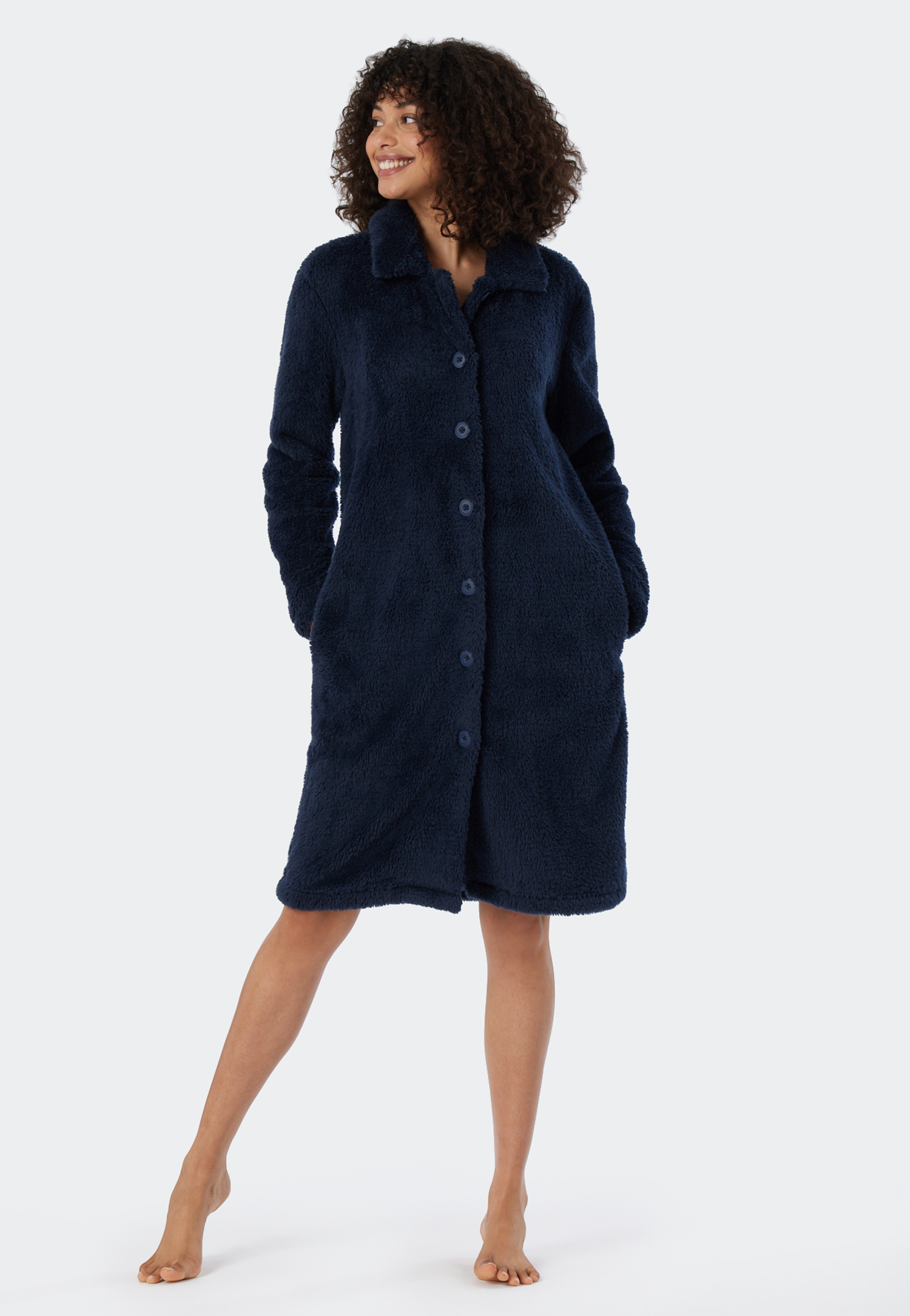 Morgenmantel Teddy Fleece dunkelblau - Essentials L von Schiesser