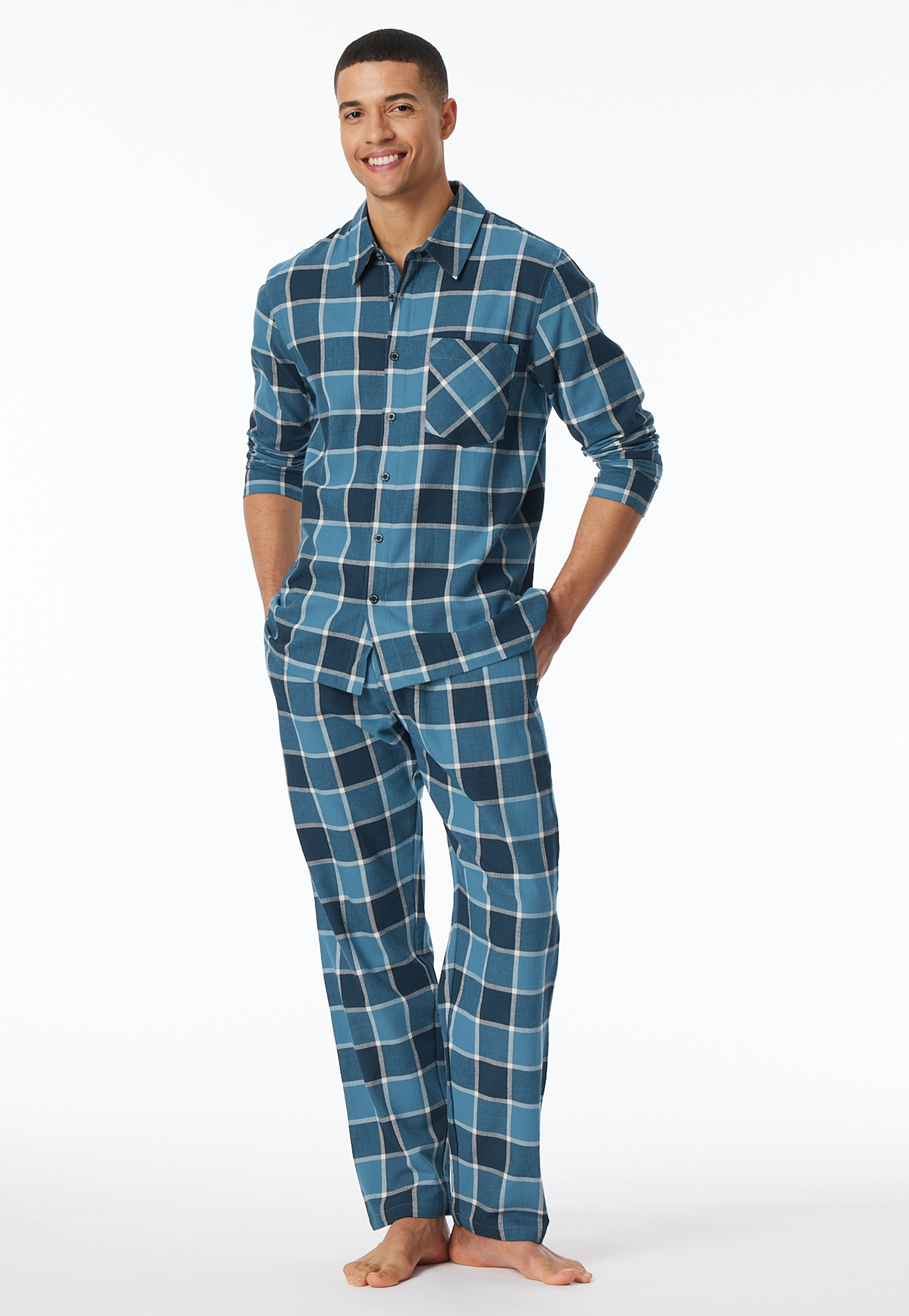 Pyjama Webware Flanell jeansblau kariert - Selected Premium Warming 48 von Schiesser