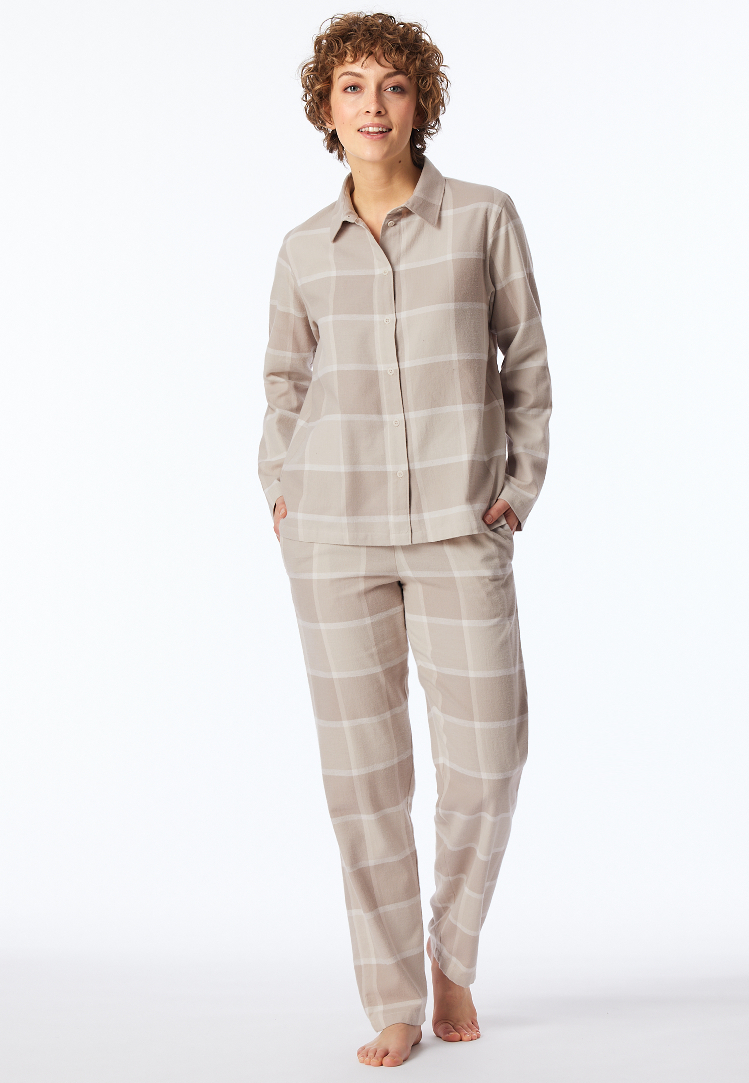 Pyjama lang Flanell beige kariert - Selected Premium Warming 44 von Schiesser